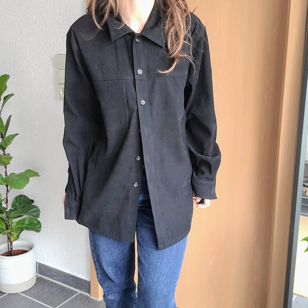 Talbots Vintage Black Suede Like Button Down Long Sleeve Shirt Size Small